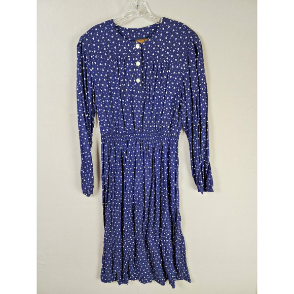 Virgo II Floral Navy Dress 12 Long Sleeve Button Front Pleated Skirt - Picture 1 of 7